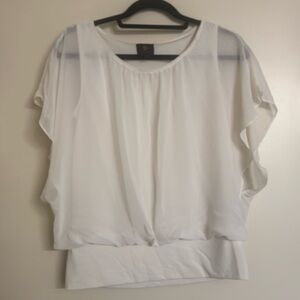 JM Collection Blouse Top Ivory Petite M Chiffon Banded Bottom